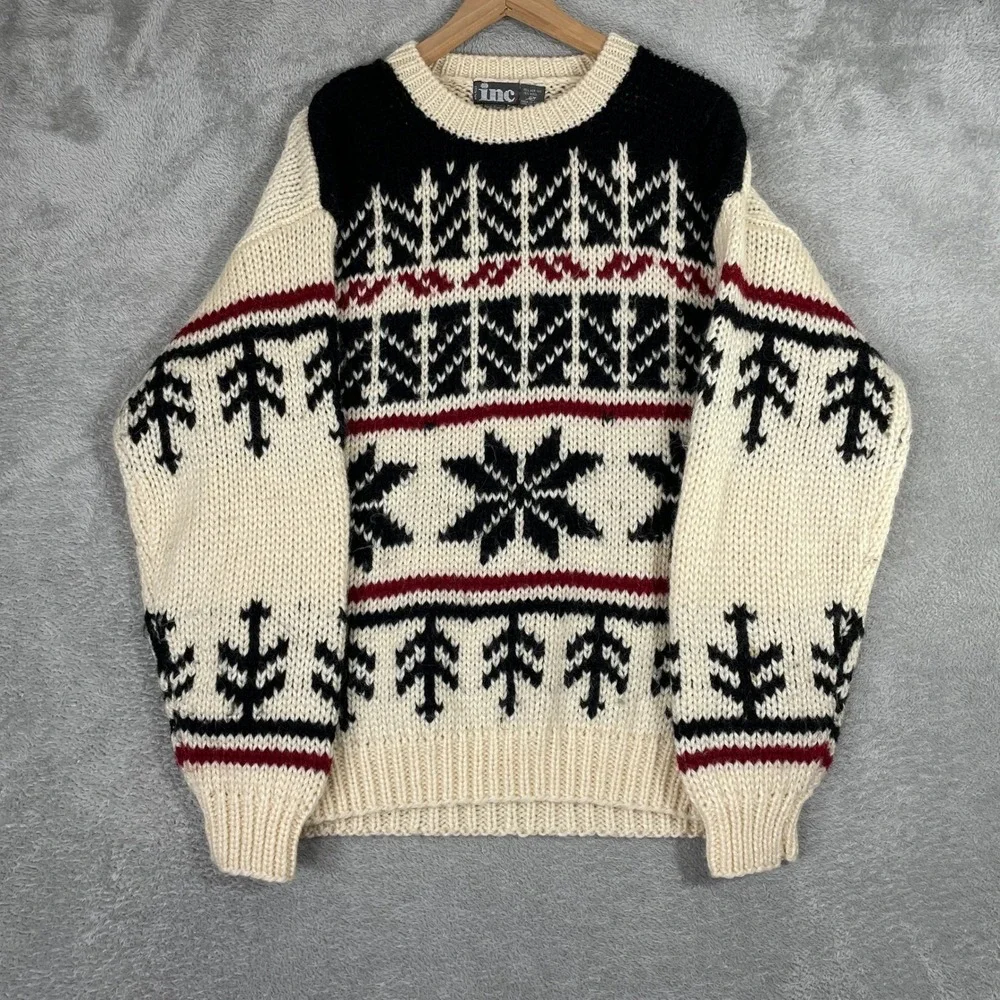 INC Fair Isle Sweater Mens XL Cream Wool Blend Snowflake Pine Tree Vintage 90s